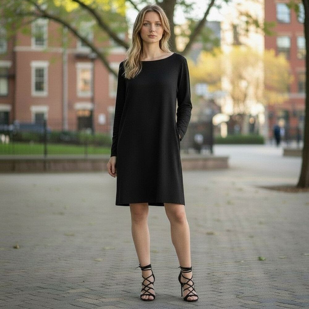 COS‎ Black Sheath Dress Sz 8 100% Silk Keyhole back Asymmetrical hem Semi Sheer